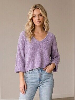 By Together Lavender V-Neck Cozy Knit Sweater With 3/4 Sleeves | Size S